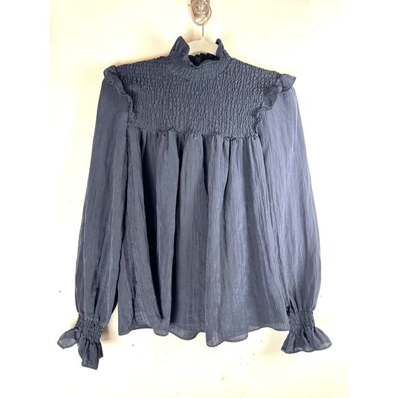 French Connection Women’s Blue Boza Smock Neck Regency Whimsygoth Witchy Top XS - Picture 3 of 10